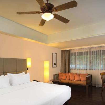 a bedroom with a large bed in a hotel room