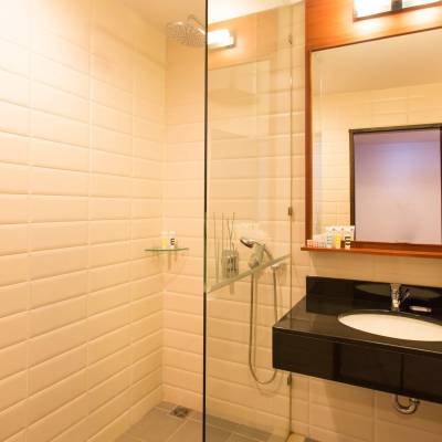 a restroom with a sink and a mirror