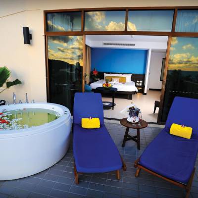 a living room with a cake