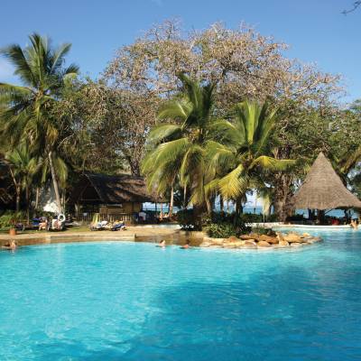 a pool next to a body of water surrounded by palm trees