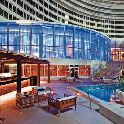 a pool next to a building
