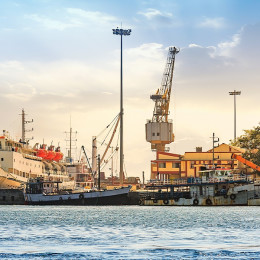 Port Blair harbor Andaman with view of ships and dockyard at sunrise