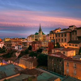 Iglesias Luterana, Valparaiso Bay at dusk, Chile, South America