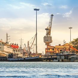 Port Blair harbor Andaman with view of ships and dockyard at sunrise