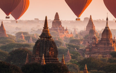 Hot air balloon over Bagan in misty morning, Myanmar, Asia