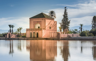 Menara gardens reflecting pool and pavilion, Marrakech, Morocco, Africa