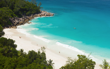 Beautiful and a famous beach Anse Georgette from above, Praslin island, Seychelles, Africa