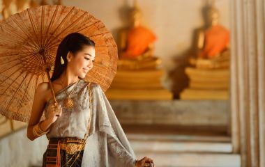 Thailand travel - Asian woman wearing traditional Thai culture,vintage style,Thailand