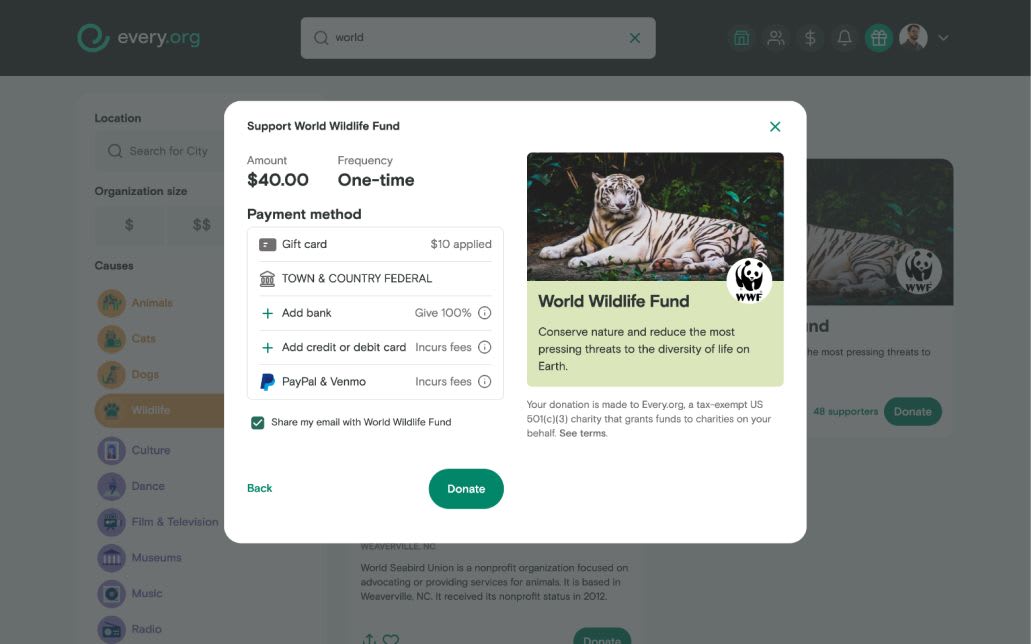 The old donation flow, showing a single popup frame. Payment info is on the left, nonprofit info is on the right.