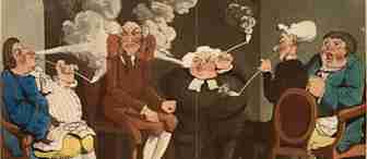 A satirical illustration depicts five men seated in a room, each smoking pipes. The smoke forms exaggerated clouds around them. They appear to be in animated conversation, with one man raising a finger, as if emphasizing a point.