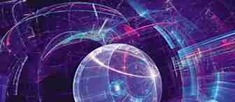 A digital artwork showing a glowing, transparent sphere at the center against a background of swirling neon lines and abstract shapes in shades of purple, blue, and pink, creating a futuristic and cosmic atmosphere.