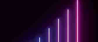 A futuristic image displays glowing neon bars of varying heights in shades of blue and pink, lined up in ascending order from left to right on a reflective surface, possibly water, against a dark background with a mysterious misty ambiance.