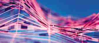 An abstract digital artwork featuring interconnected pink lines forming geometric shapes and contours against a gradient blue background. The lines create a sense of depth and motion, suggesting a futuristic network or topographical landscape.