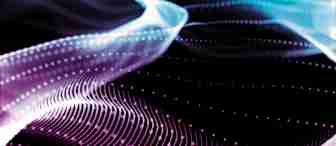 A digital abstract image of undulating waves composed of vibrant, glowing lines and dots in shades of blue and purple against a black background. The waves create a dynamic, flowing pattern, resembling a visual representation of sound or energy.