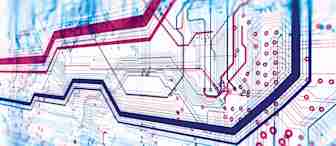 Close-up image of a complex, multi-layered circuit board with intricate, overlapping lines in shades of blue, red, and purple, representing electronic pathways and connections. The design appears dense and detailed, showcasing modern technology intricacies.