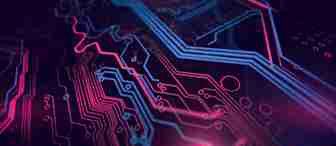 Close-up of a glowing circuit board with vibrant blue and pink lines forming intricate patterns against a dark background, representing technology and electronic connections.
