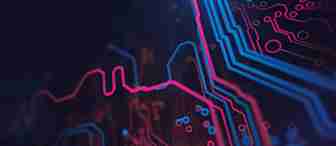 A close-up image of a circuit board illuminated with neon pink and blue lights against a dark background. The intricate pathways and components create a modern, high-tech visual.