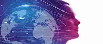 A profile of a woman's face is shown with a digital globe and interconnected data lines overlaying her silhouette. The left side is filled with blue tones and technological elements, while the right side is bathed in a pinkish light, signifying a fusion of human and tech.