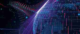 A digital illustration of a globe made up of interconnected blue and pink lines and dots, against a dark background with scattered light dots. The image conveys a futuristic, technological world linked by data networks.
