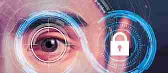 Close-up of a person's eye surrounded by digital and biometric interface elements, including circular patterns and a lock icon, representing cybersecurity and identity verification. The image conveys the integration of technology in security systems.