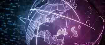 A digital rendering of a globe focused on Europe, displaying illuminated lines representing global connections or data transfer routes. The globe is highlighted in shades of purple against a dark, technology-inspired background with binary code patterns.
