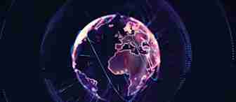 A digital representation of Earth is depicted in a dark background. The globe is illuminated with pink and purple hues, featuring interconnected lines and dots, suggesting a global network or futuristic technology. Europe, Africa, and parts of Asia are prominently visible.