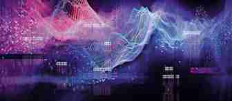 Abstract digital art featuring a 3D wavy landscape with vibrant colors of purple, pink, and blue. Numerous small data points and lines create a sense of motion and complexity, evoking themes of technology, data visualization, and modern digital landscapes.