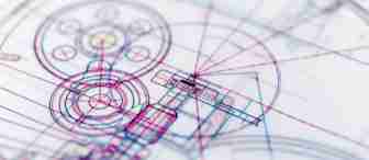 A close-up of a technical drawing or blueprint featuring intricate and overlapping lines, circles, and geometrical shapes in various colors like red, blue, and purple. The design appears complex, with mechanical and architectural elements intersecting.