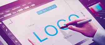 A person is working on graphic design software displayed on a digital tablet. The word 'LOGO' is prominently shown on the screen, and the person is using a stylus pen, adjusting the design elements. Various design tools and measurements are visible on the interface.