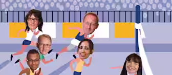 Illustration of five runners with superimposed headshots racing on a track. Three of the runners are hurdling. One runner is crossing the finish line with their arms in the air. The background includes a stadium with a crowd.