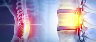 Illustration showing a side view of a human spine with a highlighted lower back area in red and yellow, indicating pain or inflammation, alongside a detailed close-up of spinal vertebrae.