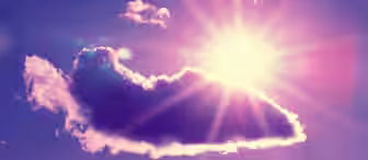 A brilliant sun shines behind a fluffy cloud in a purple and blue sky. Sun rays radiate outward, casting a warm glow around the cloud. A hint of lens flare adds an ethereal touch to the vibrant scene.