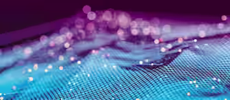 A digital abstract image featuring a 3D grid-like surface with blue and purple hues. Small, glowing orbs in various sizes are scattered across the surface, creating an ethereal, futuristic atmosphere with a bokeh effect in the background.