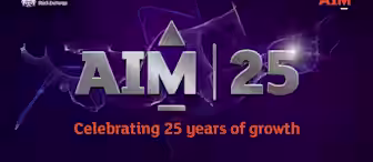 An image with a dark purple background features the text "AIM 25" in large metallic letters and numbers. Below, in orange text, it reads "Celebrating 25 years of growth." The London Stock Exchange logo is visible in the top left corner, and the AIM logo is in the top right.
