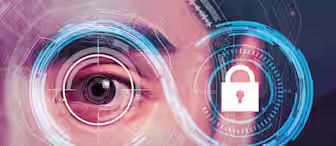 Close-up of a person's eye surrounded by digital and biometric interface elements, including circular patterns and a lock icon, representing cybersecurity and identity verification. The image conveys the integration of technology in security systems.
