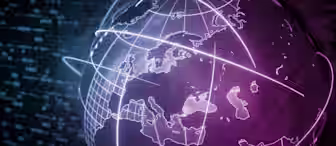 A digital rendering of a globe focused on Europe, displaying illuminated lines representing global connections or data transfer routes. The globe is highlighted in shades of purple against a dark, technology-inspired background with binary code patterns.