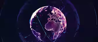 A digital representation of Earth is depicted in a dark background. The globe is illuminated with pink and purple hues, featuring interconnected lines and dots, suggesting a global network or futuristic technology. Europe, Africa, and parts of Asia are prominently visible.