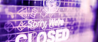 A close-up image of a glass door with a sign that reads, "Sorry, We're CLOSED." The background is decorated with various light illustrations of food items. The overall tone of the image is tinted purple, creating a unique and stylized appearance.