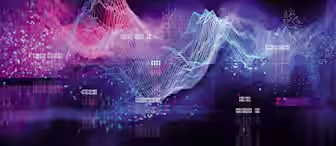 Abstract digital art featuring a 3D wavy landscape with vibrant colors of purple, pink, and blue. Numerous small data points and lines create a sense of motion and complexity, evoking themes of technology, data visualization, and modern digital landscapes.
