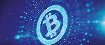 A glowing Bitcoin symbol encircled by a dynamic, blue, dotted, circular pattern on a dark blue background, representing digital and blockchain technology.