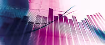 A vibrant abstract image featuring overlapping bar graphs and line plots with shades of pink, purple, and blue. The graph elements create dynamic movement across the image, conveying data visualization concepts and statistical analysis. The background is light and blurred.