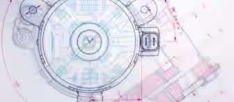 A detailed technical drawing of a mechanical component, primarily displaying a circular section with intricate internal structures and measurements marked in red and blue lines. The background features additional schematic elements overlapping with the main drawing.