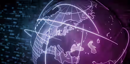 A digital rendering of a globe focused on Europe, displaying illuminated lines representing global connections or data transfer routes. The globe is highlighted in shades of purple against a dark, technology-inspired background with binary code patterns.
