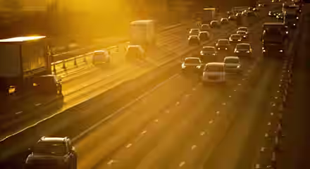 A sunlit highway during sunset showing multiple vehicles. Traffic flows steadily in both directions, with a clear division of lanes. Bright golden light casts long shadows on the road, highlighting the serene yet busy atmosphere of the evening commute.