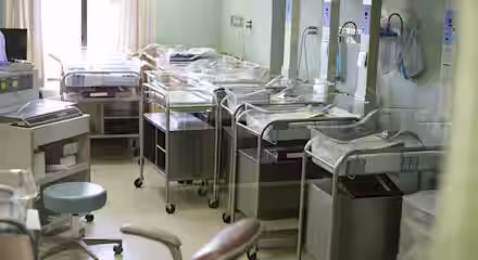 A hospital nursery room with multiple empty baby cribs lined up. Each crib is equipped with a monitoring device. The room has pastel green walls, curtains, and various medical equipment. There are no people present.