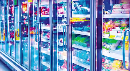 A brightly lit supermarket aisle displays well-stocked refrigerated shelves filled with various frozen foods. The glass doors on the freezers reflect the colorful packaging inside. The aisle appears clean and organized, with products neatly arranged.