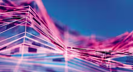 An abstract digital artwork featuring interconnected pink lines forming geometric shapes and contours against a gradient blue background. The lines create a sense of depth and motion, suggesting a futuristic network or topographical landscape.