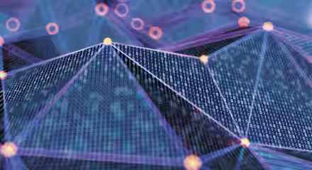 A digital abstract image featuring a network of interconnected points and lines forming geometric shapes. The background shows binary code, creating a visually complex representation of data flow and connectivity in technology.