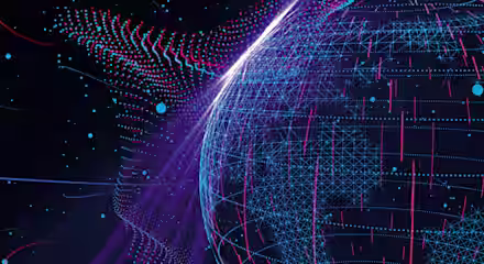A digital illustration of a globe made up of interconnected blue and pink lines and dots, against a dark background with scattered light dots. The image conveys a futuristic, technological world linked by data networks.