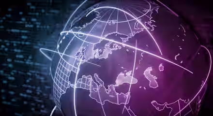 A digital rendering of a globe focused on Europe, displaying illuminated lines representing global connections or data transfer routes. The globe is highlighted in shades of purple against a dark, technology-inspired background with binary code patterns.